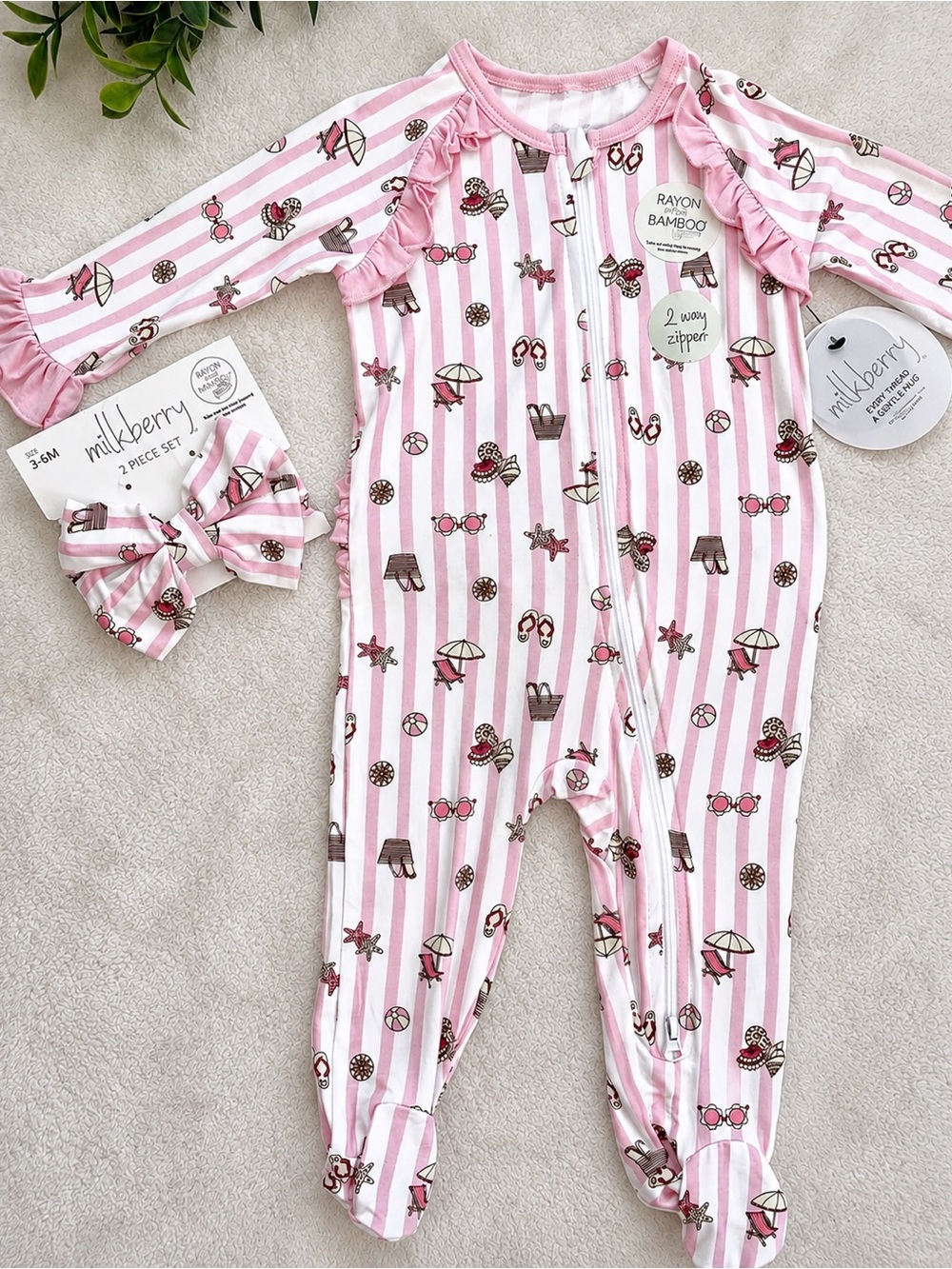 NWT Milkberry Pink Stripe Beach Footie 3-6M Matching Headband